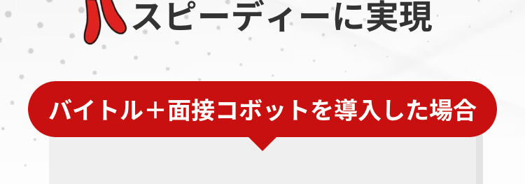 B
バイトルで
応募×採用を
スピーディーに実現
バイトル+面接コボットを導入した場合
応募者
対応工数
面接設定率
37.5%
削減
83%
※バイトル調べより