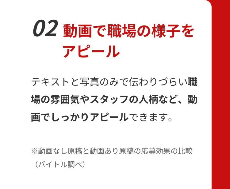 02 動画で職場の様子を
アピール
テキストと写真のみで伝わりづらい職
場の雰囲気やスタッフの人柄など、動
画でしっかりアピールできます。
※動画なし原稿と動画あり原稿の応募効果の比較
(バイトル調べ)